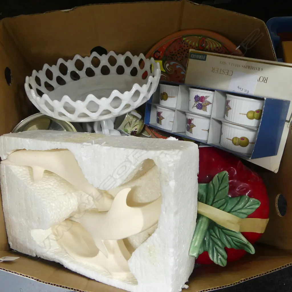 ASST. CHINA; 6 R. WORCESTER EVESHAM RAMEKINS (BOXED), WHITE GLASS COMPORT, DOLPHIN PLASTER SCULPTURE ETC Image 1++