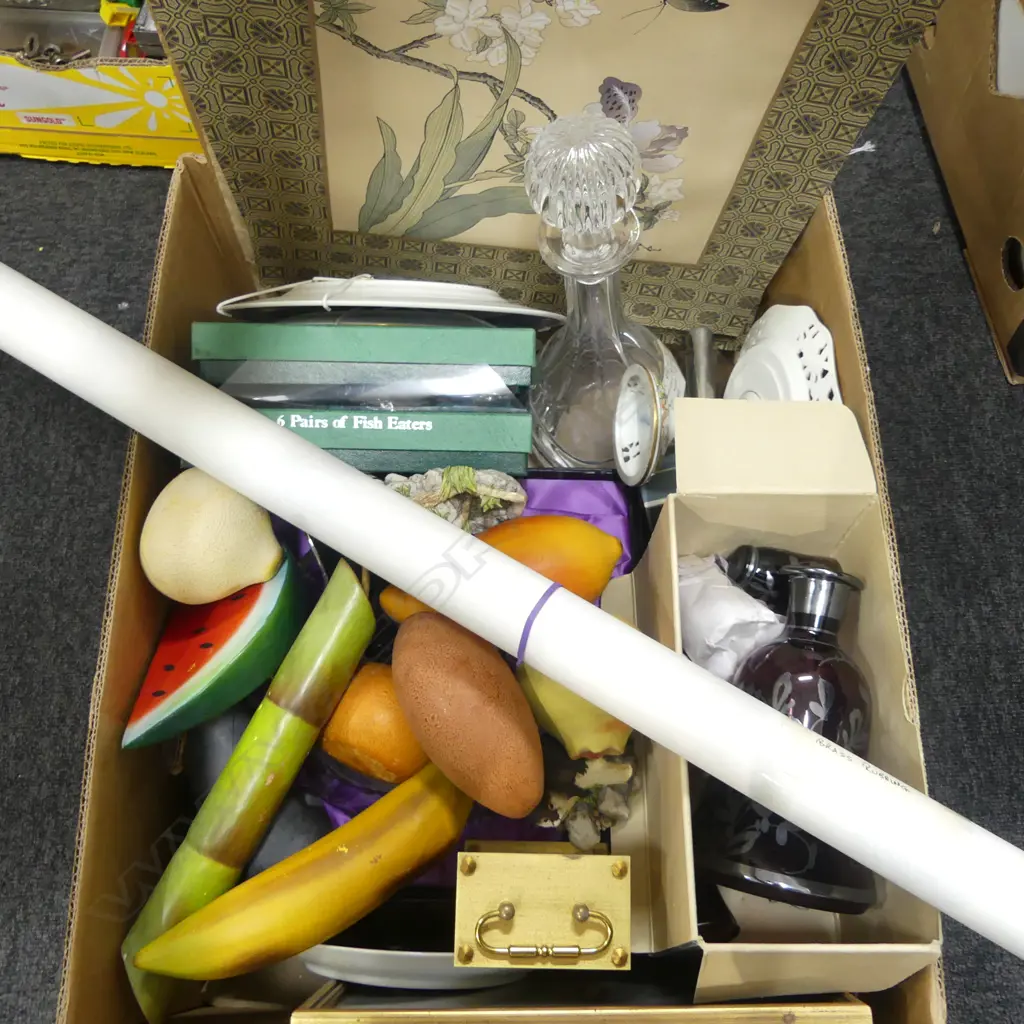 ASST. CHINA, FAKE FRUIT, DECANTER, ART: THAI RUBBINGS, CHINESE FLORAL WCs ON FABRIC ETC Image 1++