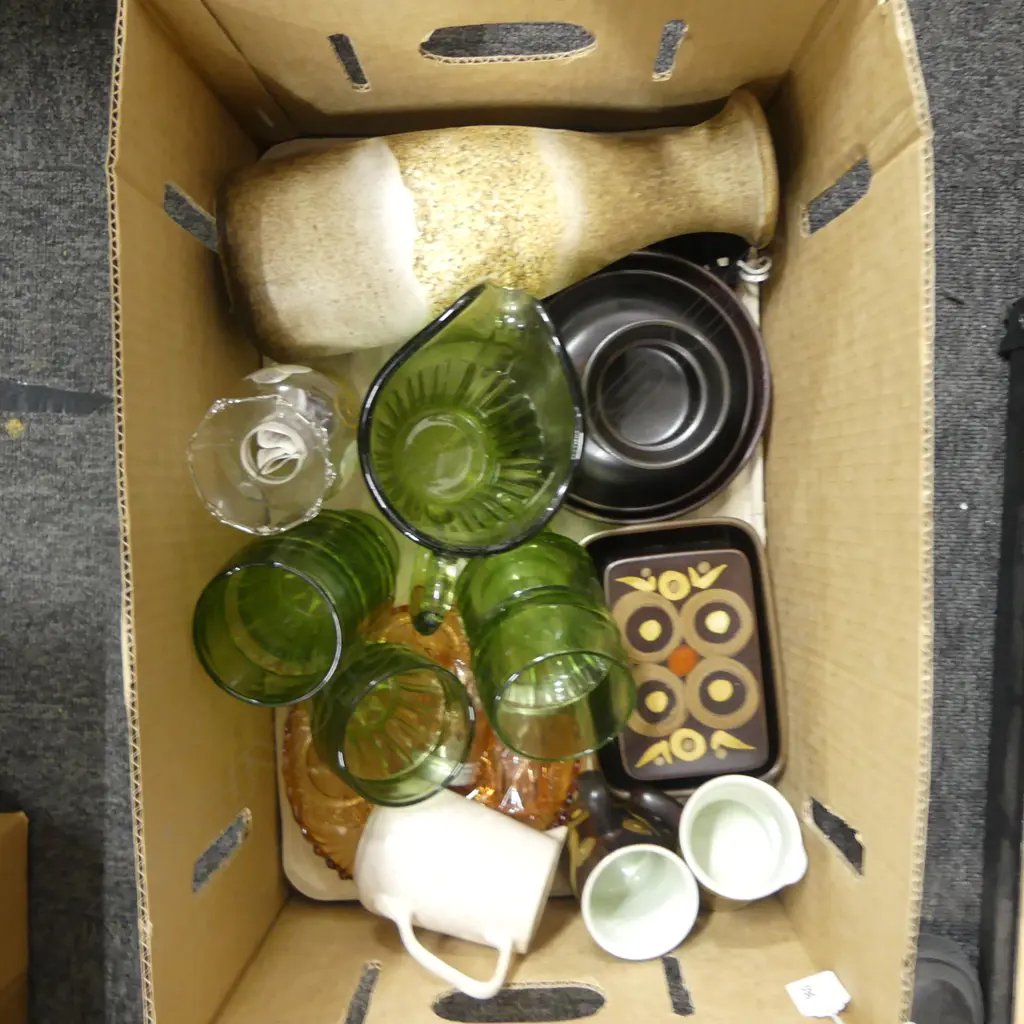 BOX LOT DENBY CHINA GERMAN VASE  GREEN DEPRESION GLASS WATER SET  & 2 SPEEDWAY MEDALS ETC Image 1++