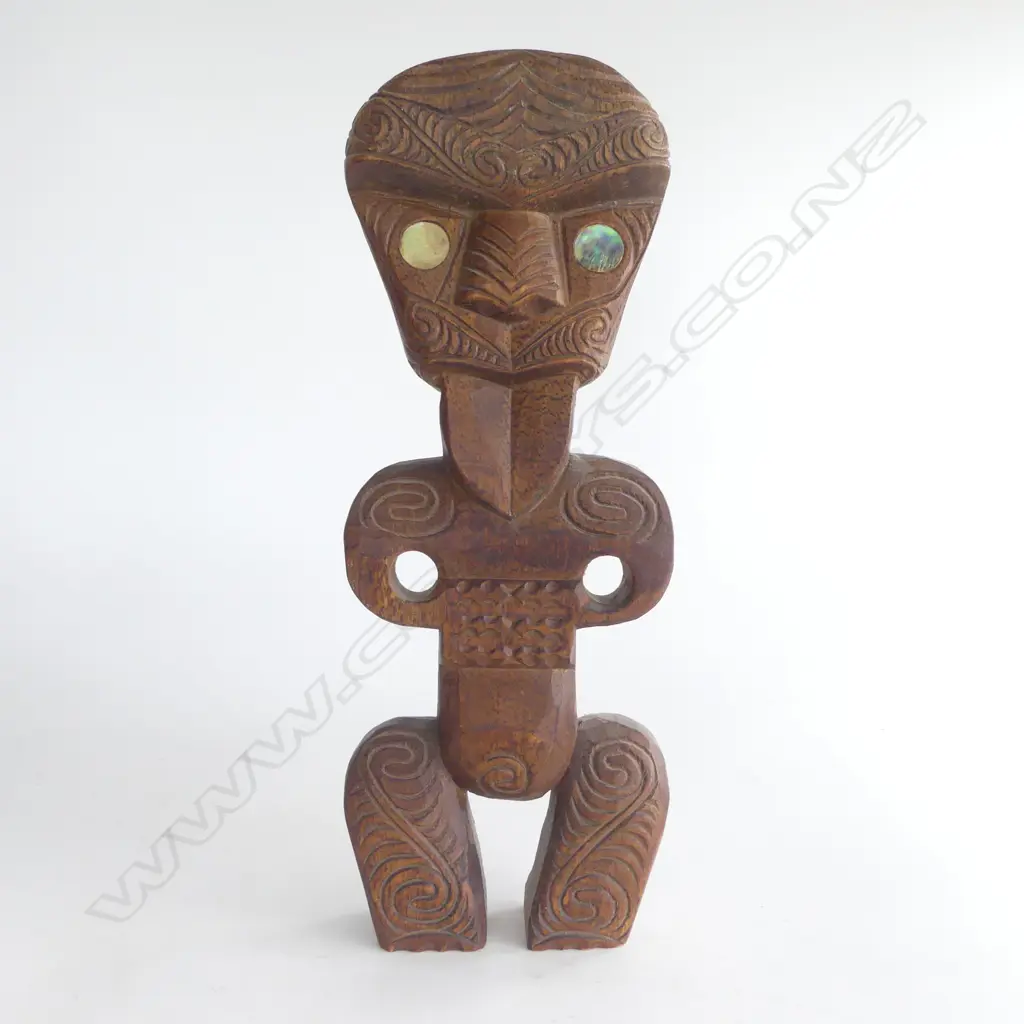 MAORI CARVED HARDWOOD TEKOTEKO paua shell eyes mid/late 20thC. H.345mm. Image 1++