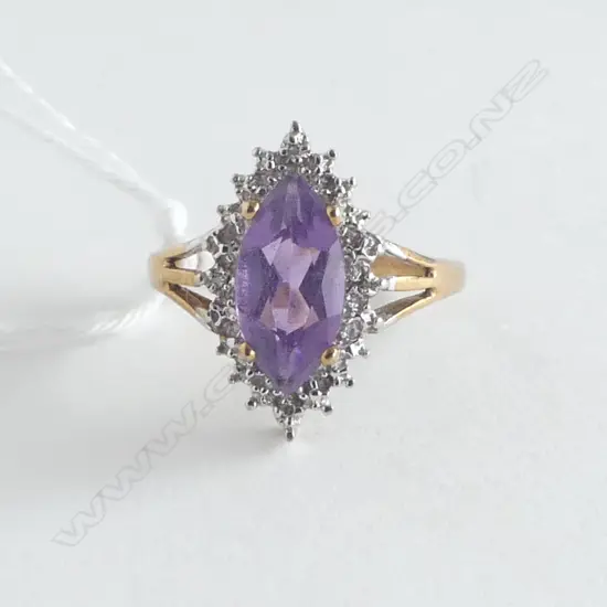 9ct gold AMETHYST & MULTI SMALL DIAMOND RING marquise shape 2.65gms