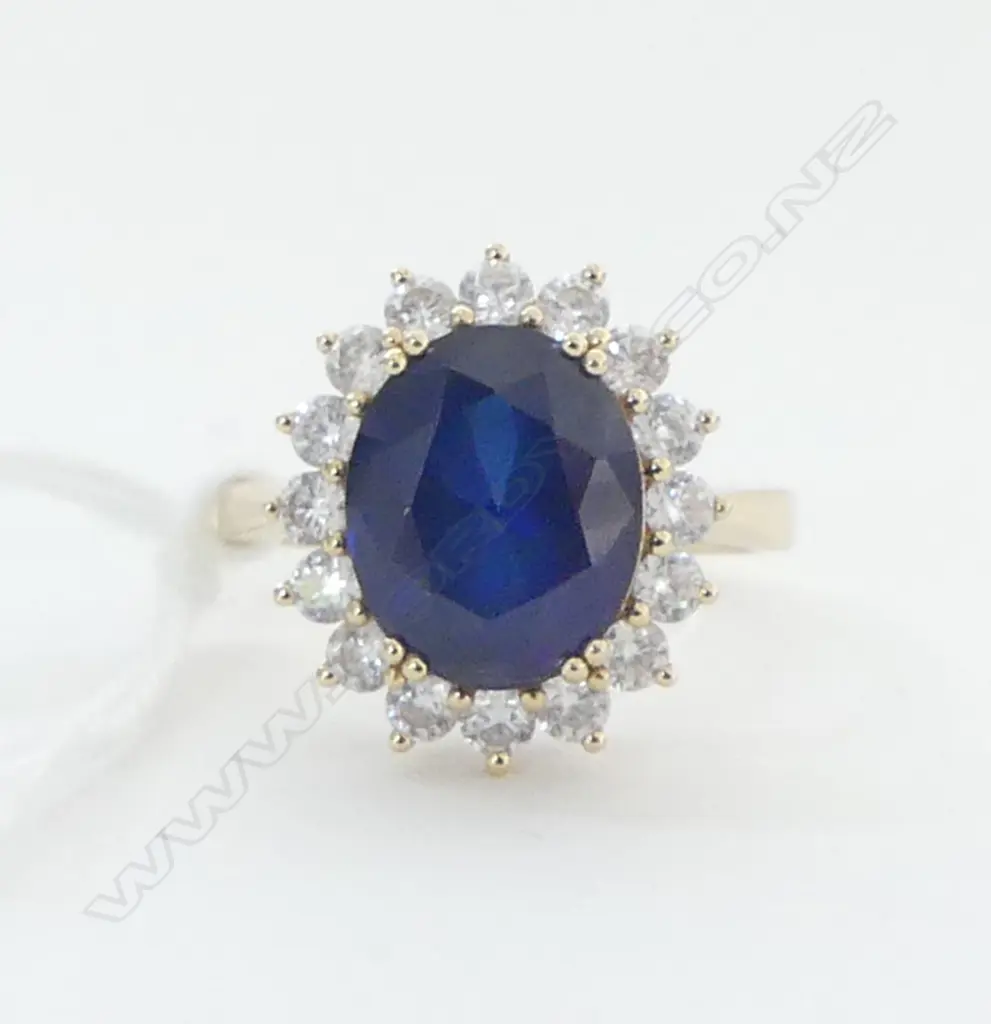 **RTV**14CT GOLD 'PRINCESS DIANA' RING - LAB CREATED SAPPHIRE AND LAB CREATED DIAMONDS Image 1++