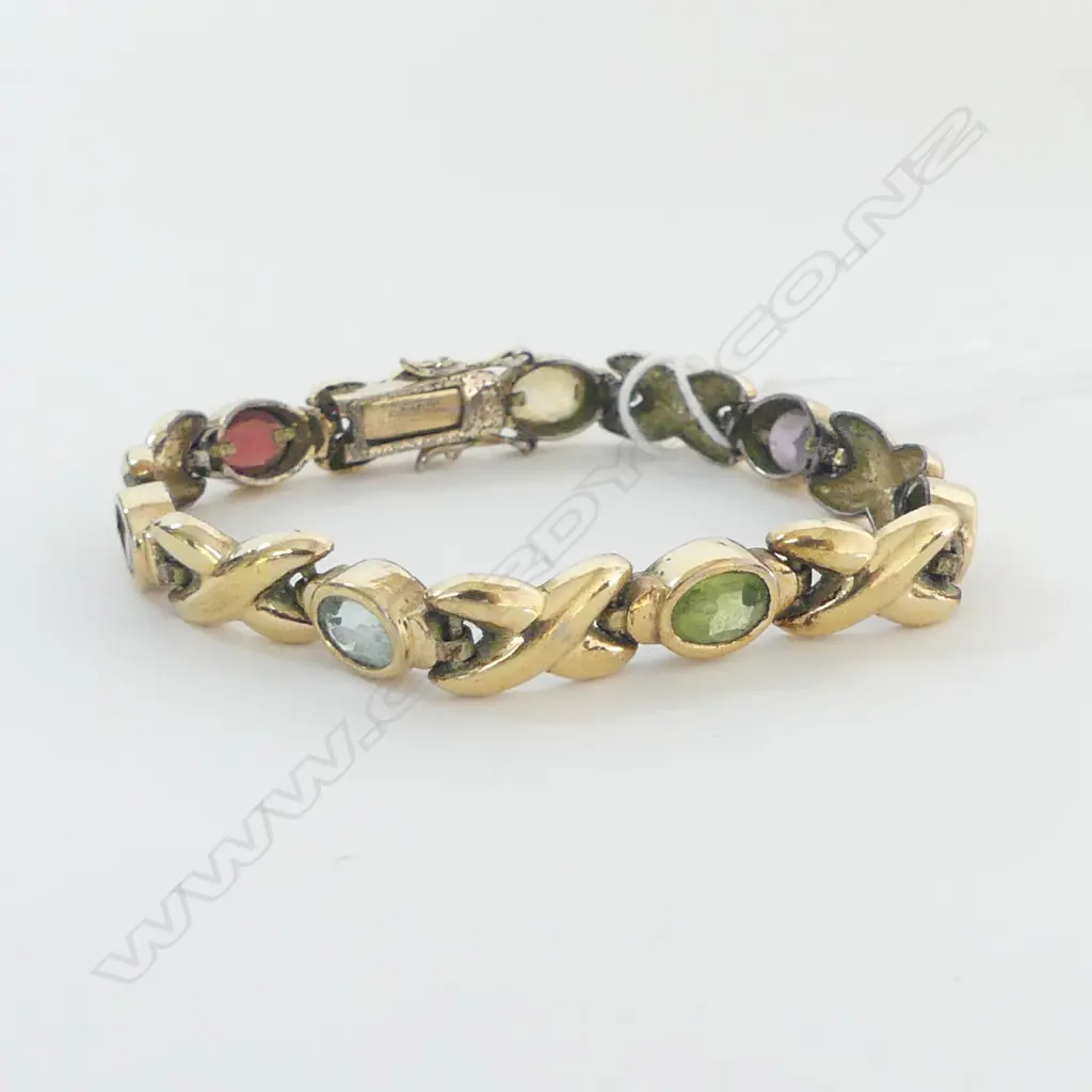SILVER GILT BRACELET W 7 SEMI PRECIOUS FACETED OVAL STONES Image 1++
