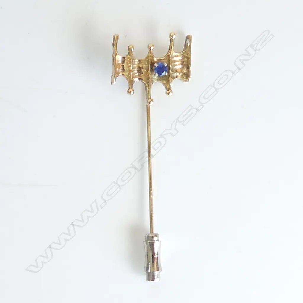 14ct GOLD DESIGNER 5 BAR FLAG DESIGN SAPPHIRE SET STICK PIN 3.32gms valuation $590 Image 1++
