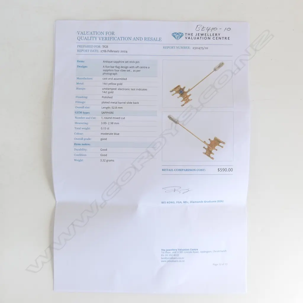 14ct GOLD DESIGNER 5 BAR FLAG DESIGN SAPPHIRE SET STICK PIN 3.32gms valuation $590 Image 1++