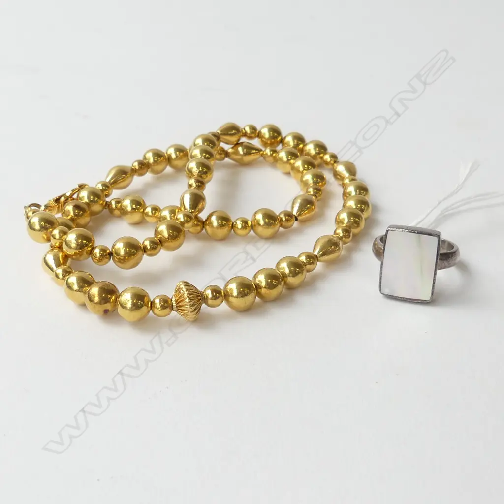 18ct GOLD FOIL OVER BEAD NECKLACE + 925 & MoP RING Image 1++