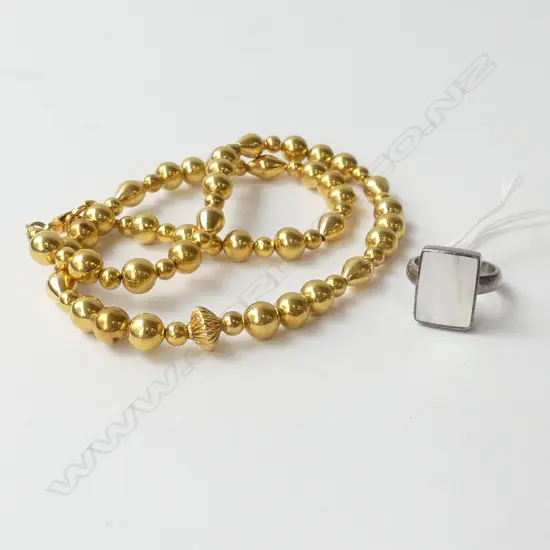 18ct GOLD FOIL OVER BEAD NECKLACE + 925 & MoP RING