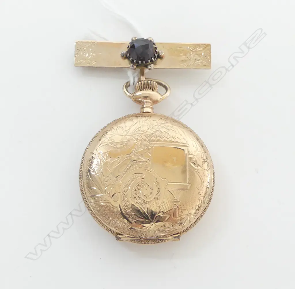 GOLD PLATED WALTHAM FULL HUNTER POCKET WATCH WITH 9CT GOLD & GARNET BROOCH (going) Image 1++