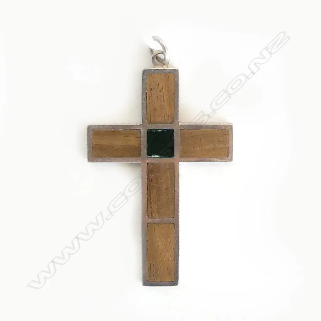 RUSSELL MURPHY NZ SILVER & LIGNUM VITAE & MALACHITE CROSS PENDANT Image 1++