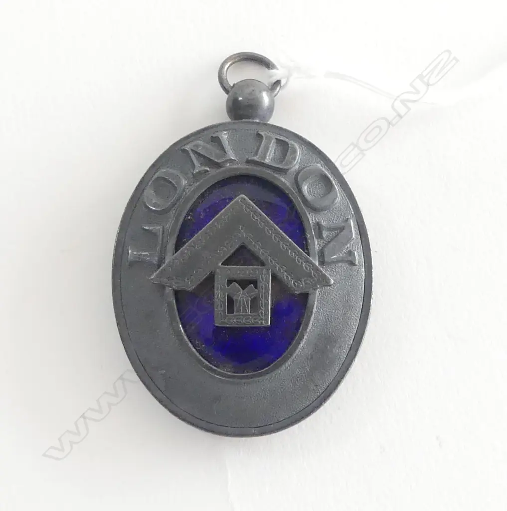 lge SILVER & BLUE ENAMEL 'LONDON' MASONIC LODGE OVAL PENDANT L.55mm Birmingham 1929  Image 1++