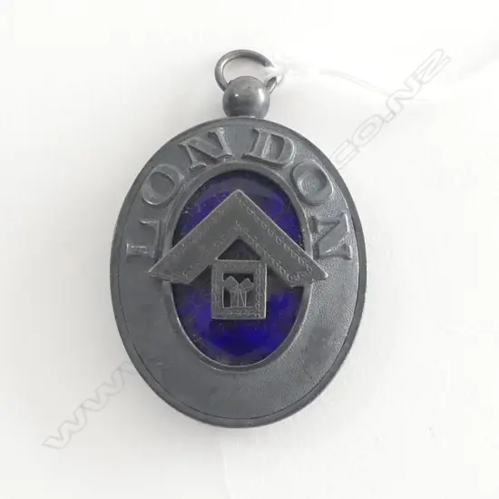 lge SILVER & BLUE ENAMEL 'LONDON' MASONIC LODGE OVAL PENDANT L.55mm Birmingham 1929 