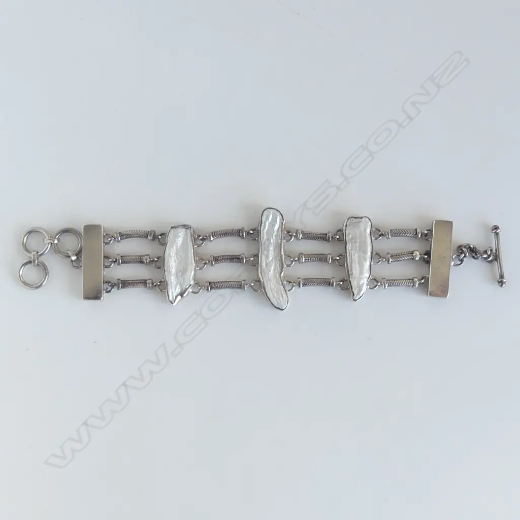 WHITE KESHI PEARL & ST. SILVER BRACELET, 33gm, unworn Image 1++