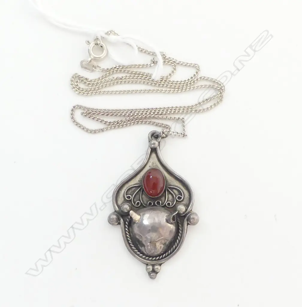SILVER PENDANT NECKLACE W CARNELIAN cabochon & big cat's head highlight Image 1++