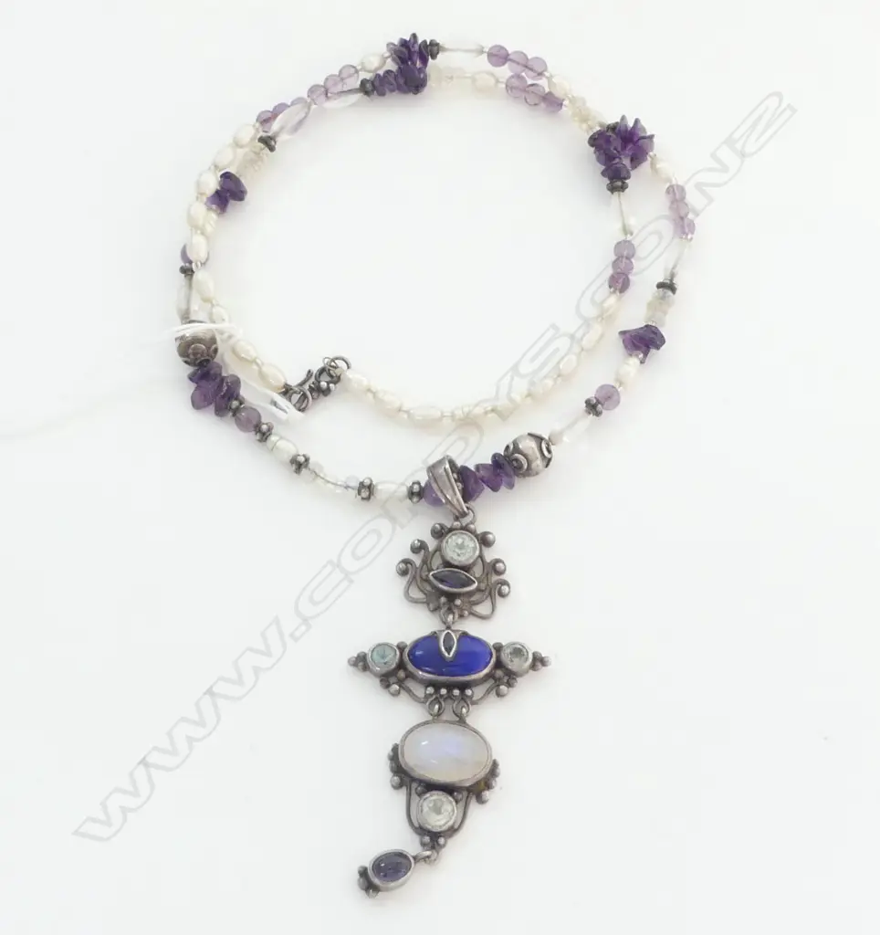 LONG PEARL CRYSTAL AMETHYST & LAPIS NECKLACE W SILVER FITTINGS Image 1++
