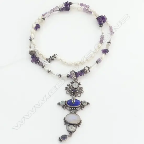LONG PEARL CRYSTAL AMETHYST & LAPIS NECKLACE W SILVER FITTINGS