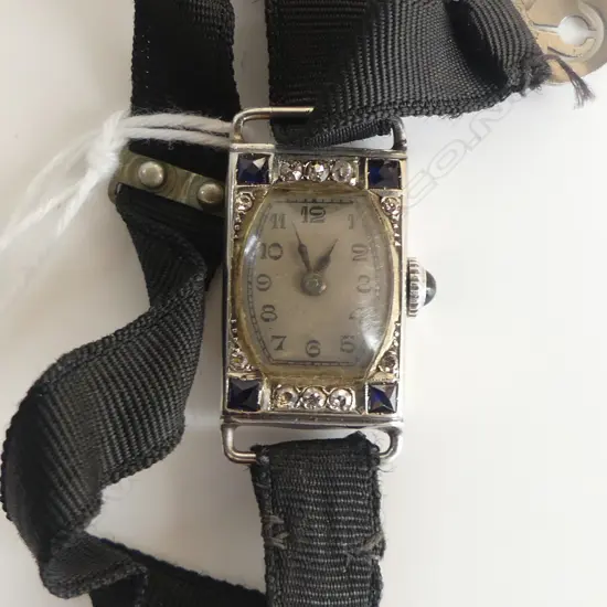 **RTV** 18CT WHITE GOLD, DIAMOND & SAPPHIRE DECO LADIES WATCH 5.6gms not incl. movement