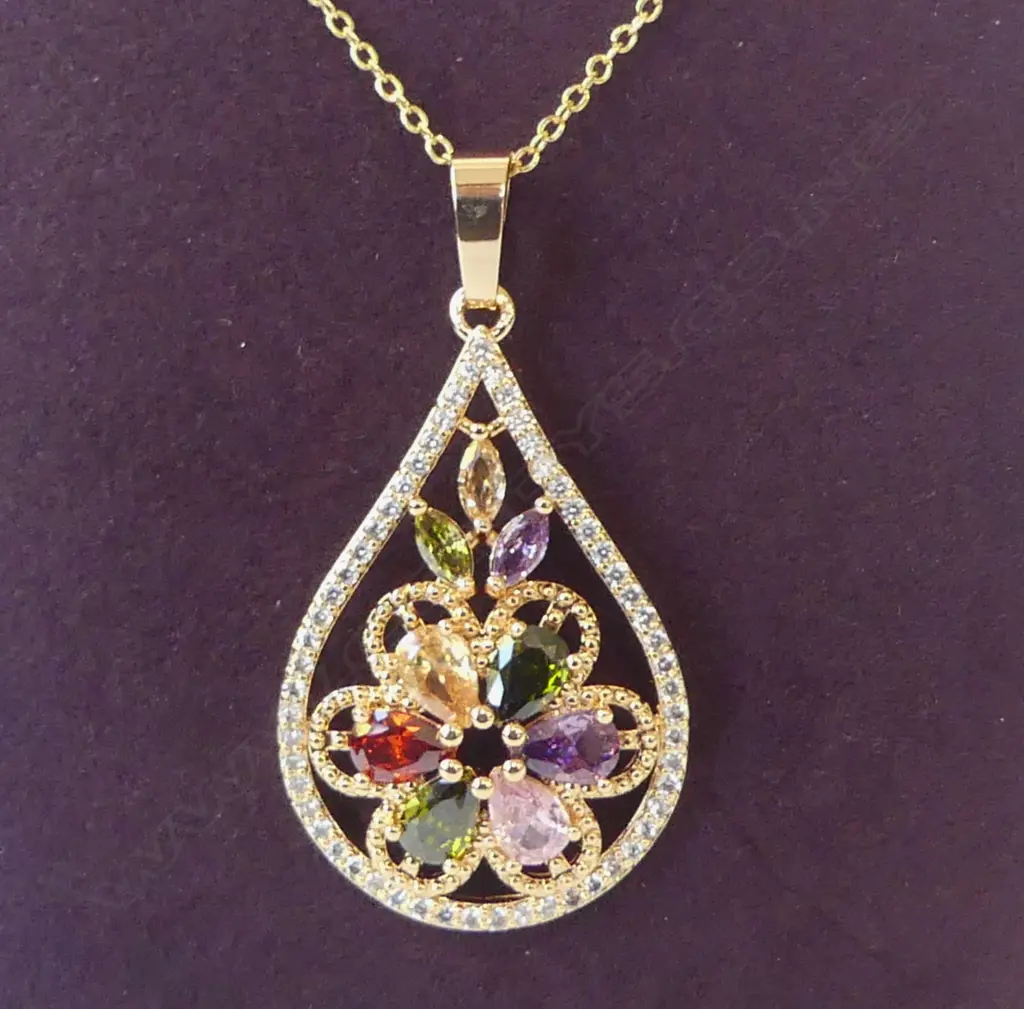SPARKLY MULTI COLOURED TEAR DROP  PENDANT & CHAIN Image 1++