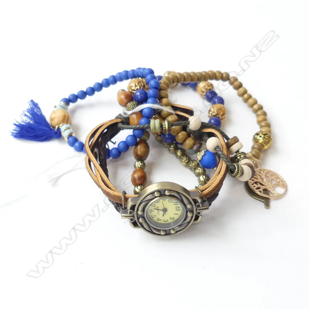 4 BOHEMIAN BEADED BRACELETS & LEATHER BRACELET WATCH - working Image 1++