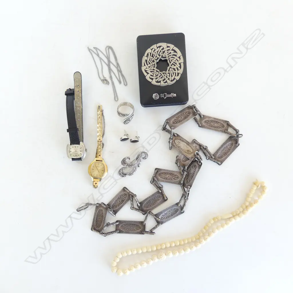 BAG JEWELLERY SILVER ETC: 2 LADIES WATCHES + BELT ETC Image 1++