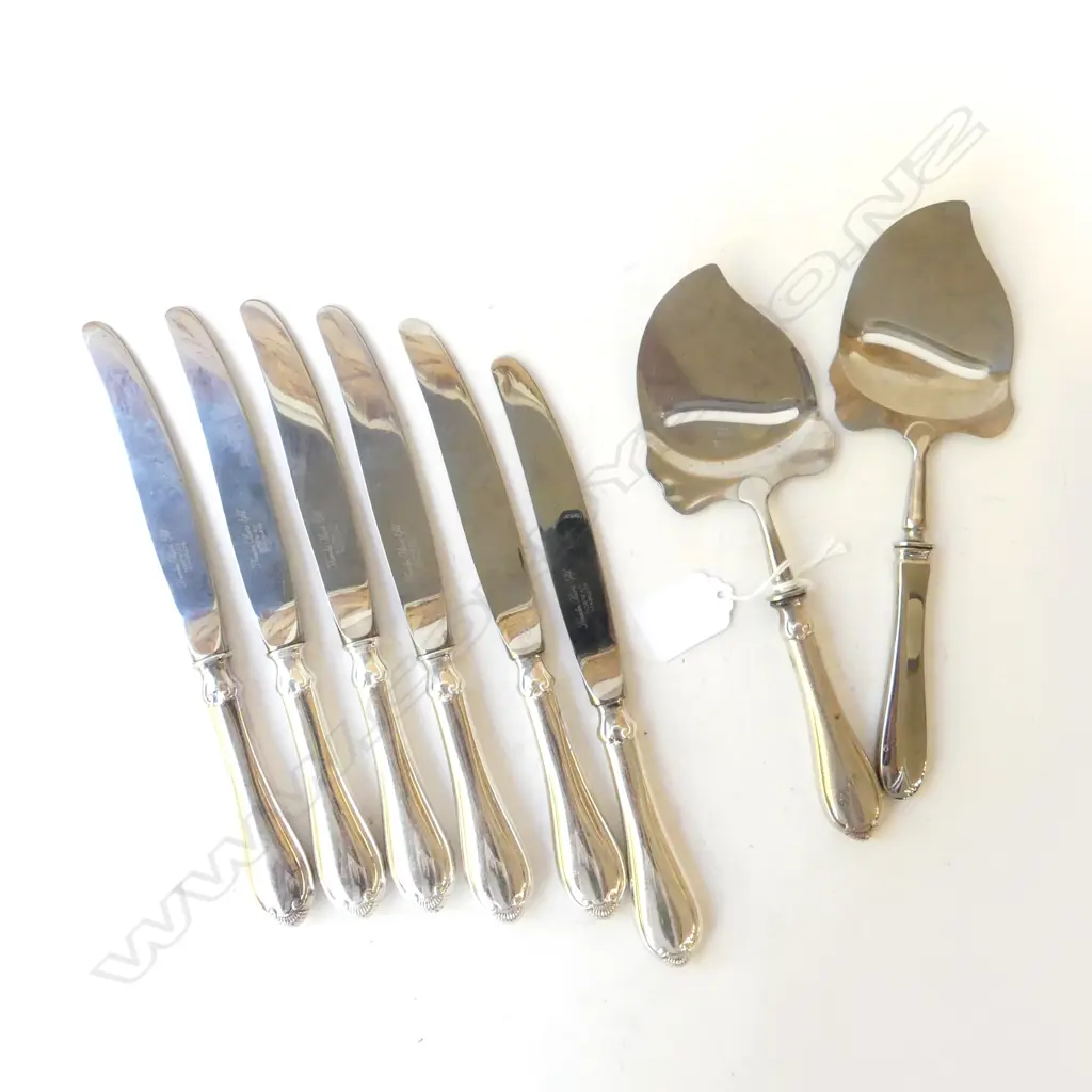 8 PCES NORWEGIAN CUTLERY; 6 KNIVES + 2 CHEESE SLICERS (probably silver mark for Magnus Aase) Image 1++