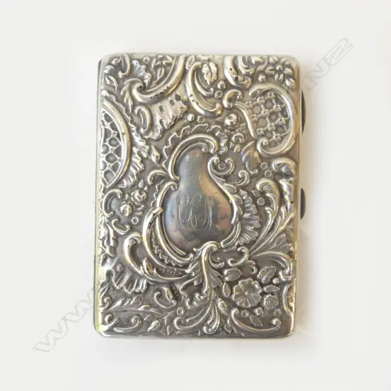 FANCY SILVER EMBOSSED CARD CASE Birmingham 1902 fitted leather lining faulted
