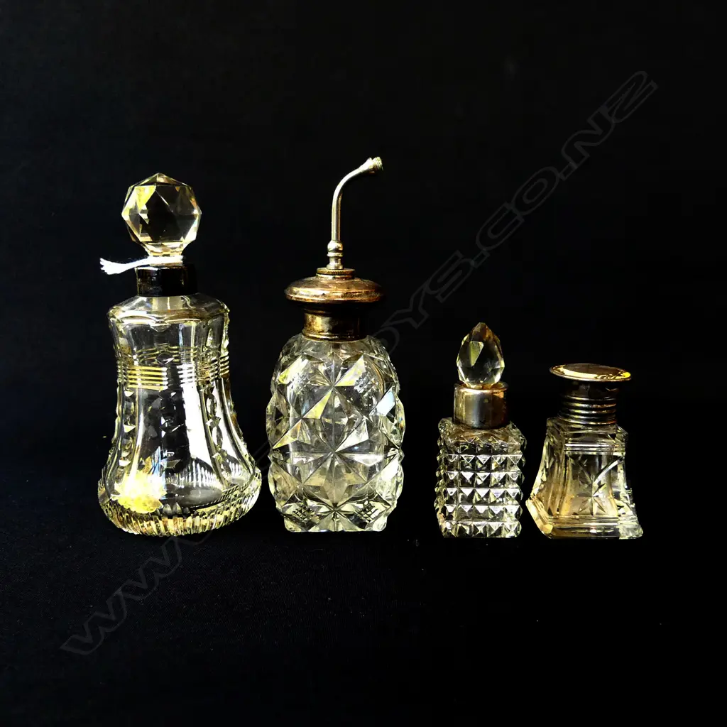 FOUR SILVER TOP DRESSING TABLE BOTTLE, TALLEST 130mm FAULTS Image 1++