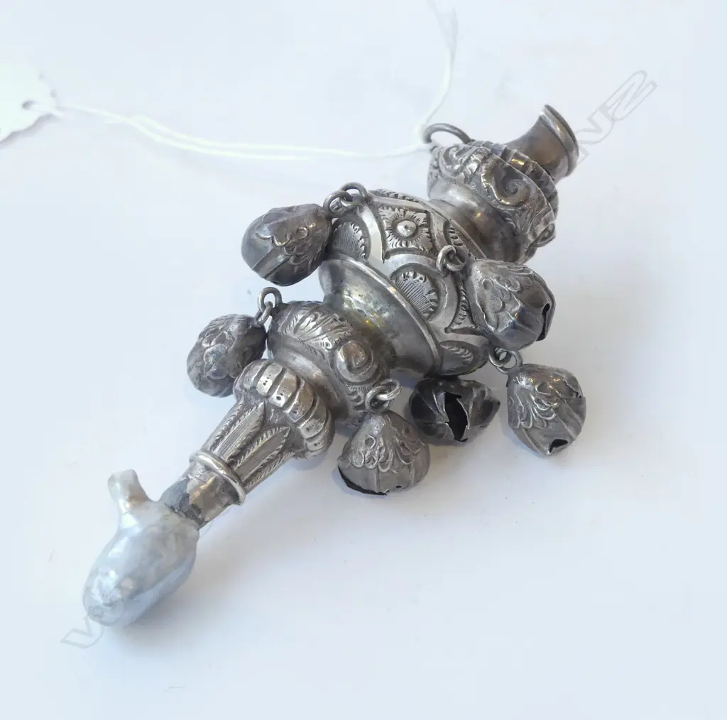 VICTORIAN BAROQUE PEARL SILVER BABY RATTLE, L.110mm, 63gm, SOME FAULTS  Image 1++