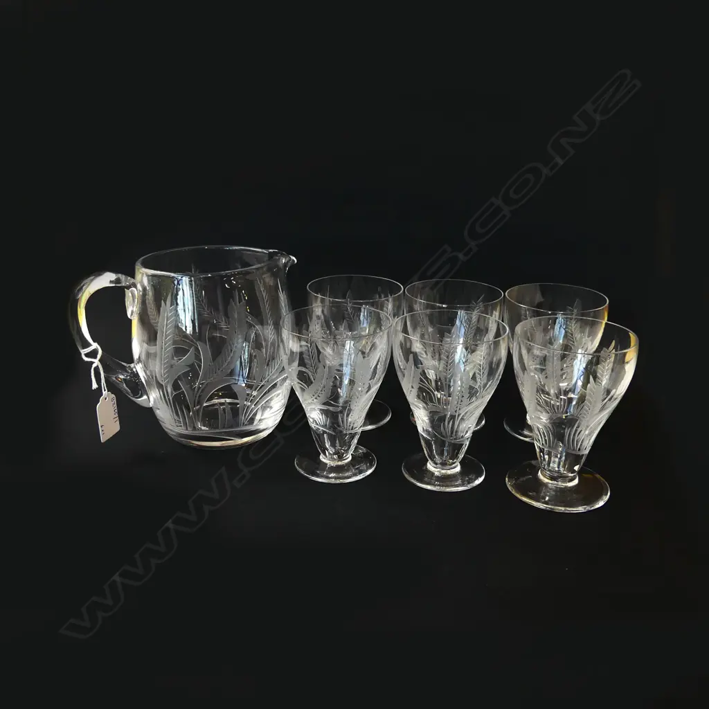 WHEAT PATTERN ETCHED CRYSTAL JUG, H.150mm & SIX MATCHING GLASSES, H.110mm Image 1++