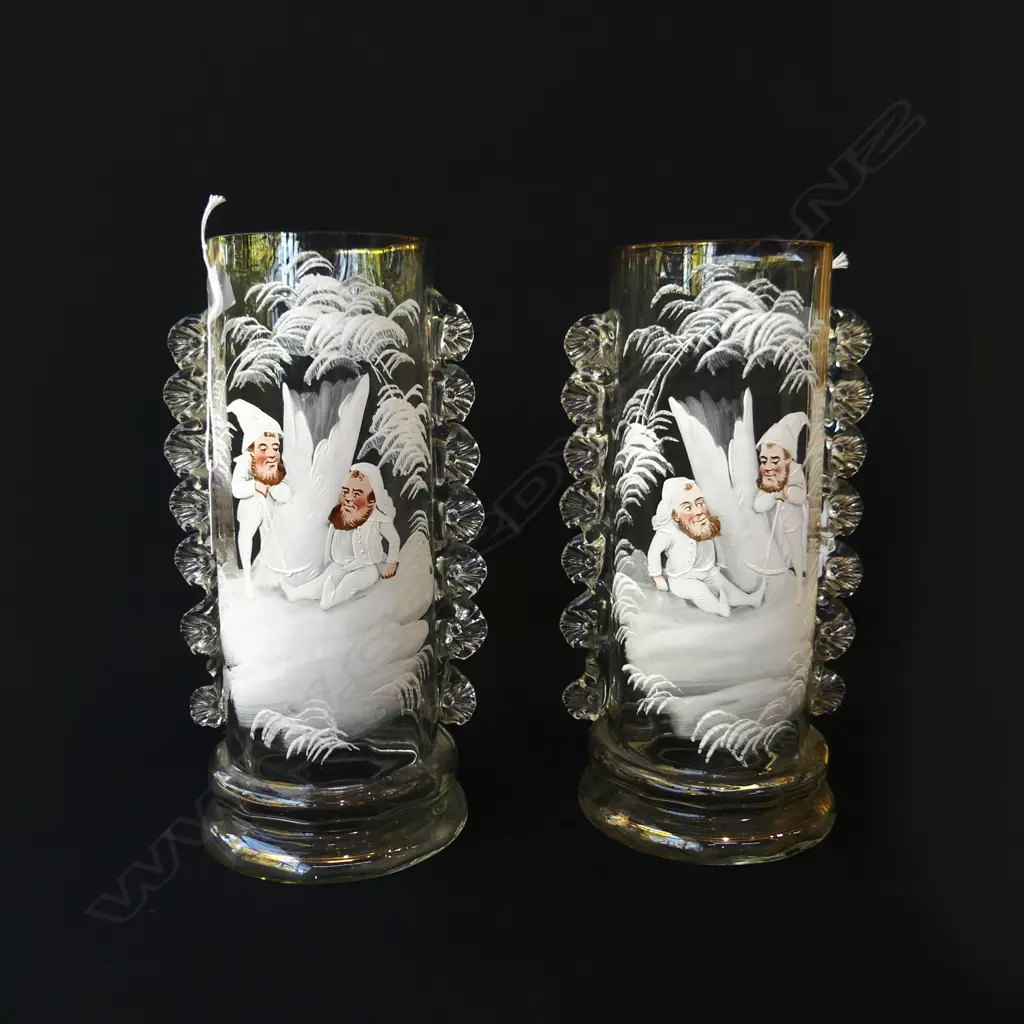 PAIR OF VICTORIAN MARY GREGORY LEPRECHAUN GLASS VASES, H.250mm Image 1++