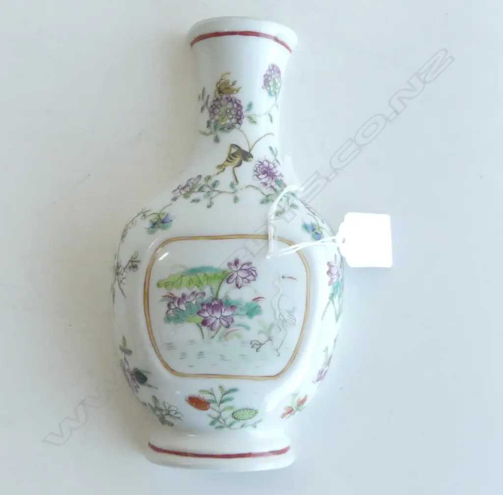 CHINESE FAMILLE ROSE WALL MOUNTED HALF VASE H.195mm W crickets & birds amongst florals Image 1++