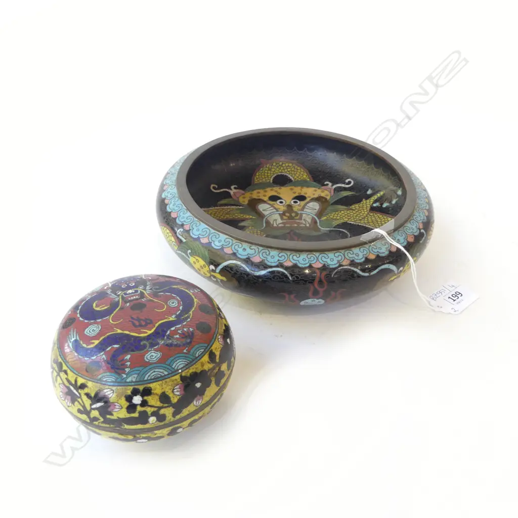 CLOISONNE BOWL 200mm dia, LIDDED CONTAINER 90mm dia Image 1++