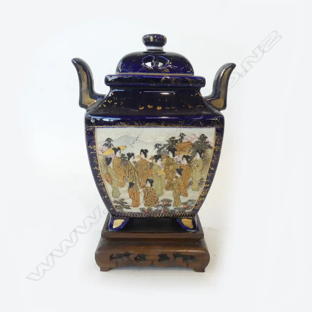 JAPANESE SATSUMA LIDDED CONTAINER ON STAND H.175mm REPAIRS Image 1++