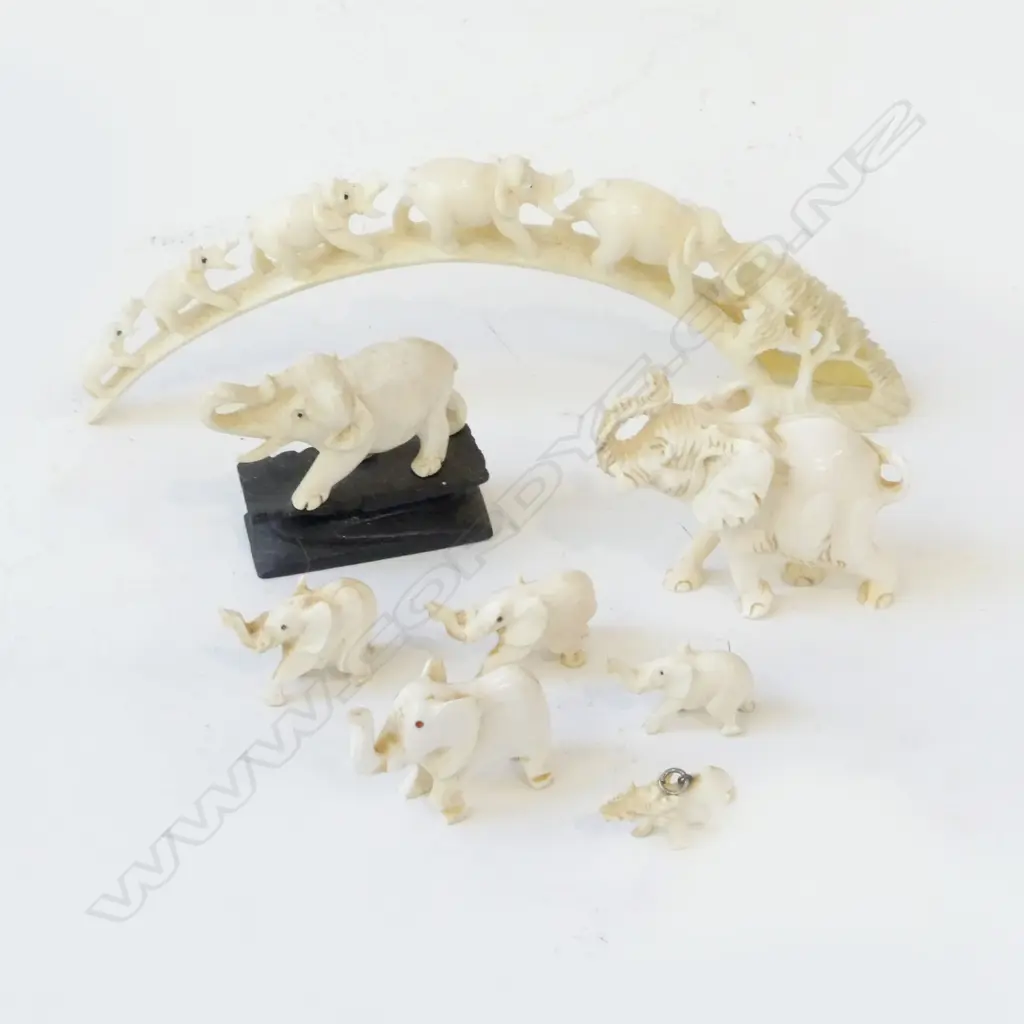 7 ASST. IVORY ELEPHANTS + BRIDGE W.205mm Image 1++