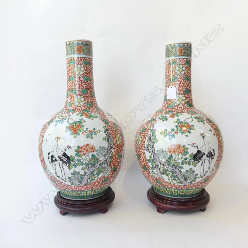 PR OF LG CHINESE FAMILLE ROSE VASES ON STANDS, H.480mm Image 1++