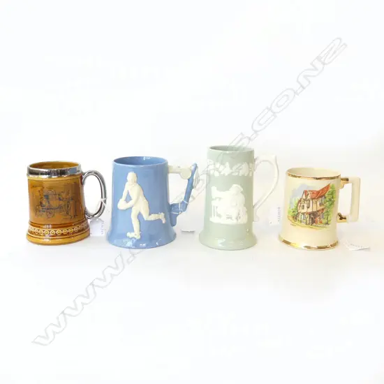 FOUR VINTAGE ENGLISH CHINA BEER MUG, ONE RUGBY, H.130mm