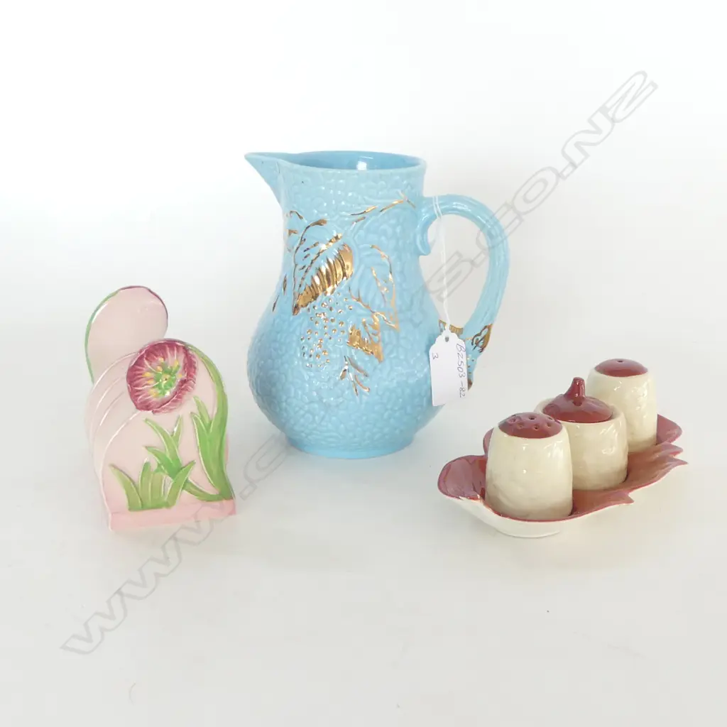 2 PC VINTAGE CARLTON WARE, TOAST RACK & CONDIMENT SET & WADE GOLDEN TURQUOISE JUG, H.145mm Image 1++