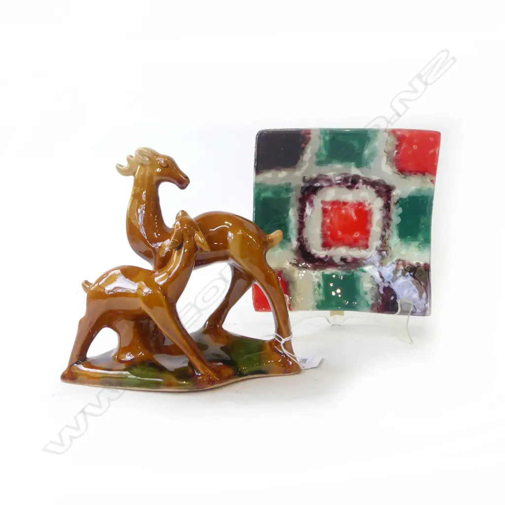 SANCAI GLAZED DEER FIGURINE H.185mm + SQUARE GLASS DISH 180x180mm Image 1++