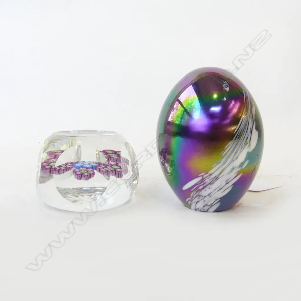 2 GLASS PAPERWEIGHTS; PERTHSHIRE MILLEFIORE & IRIDESCENT H. Image 1++