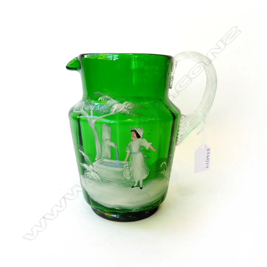 VICTORIAN MARY GREGORY GREEN GLASS JUG, H.190mm Image 1++