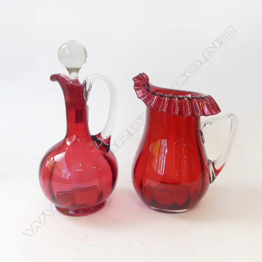 2 PCES ANTIQUE CRANBERRY / RUBY GLASS; JUG & DECANTER H.270mm Image 1++