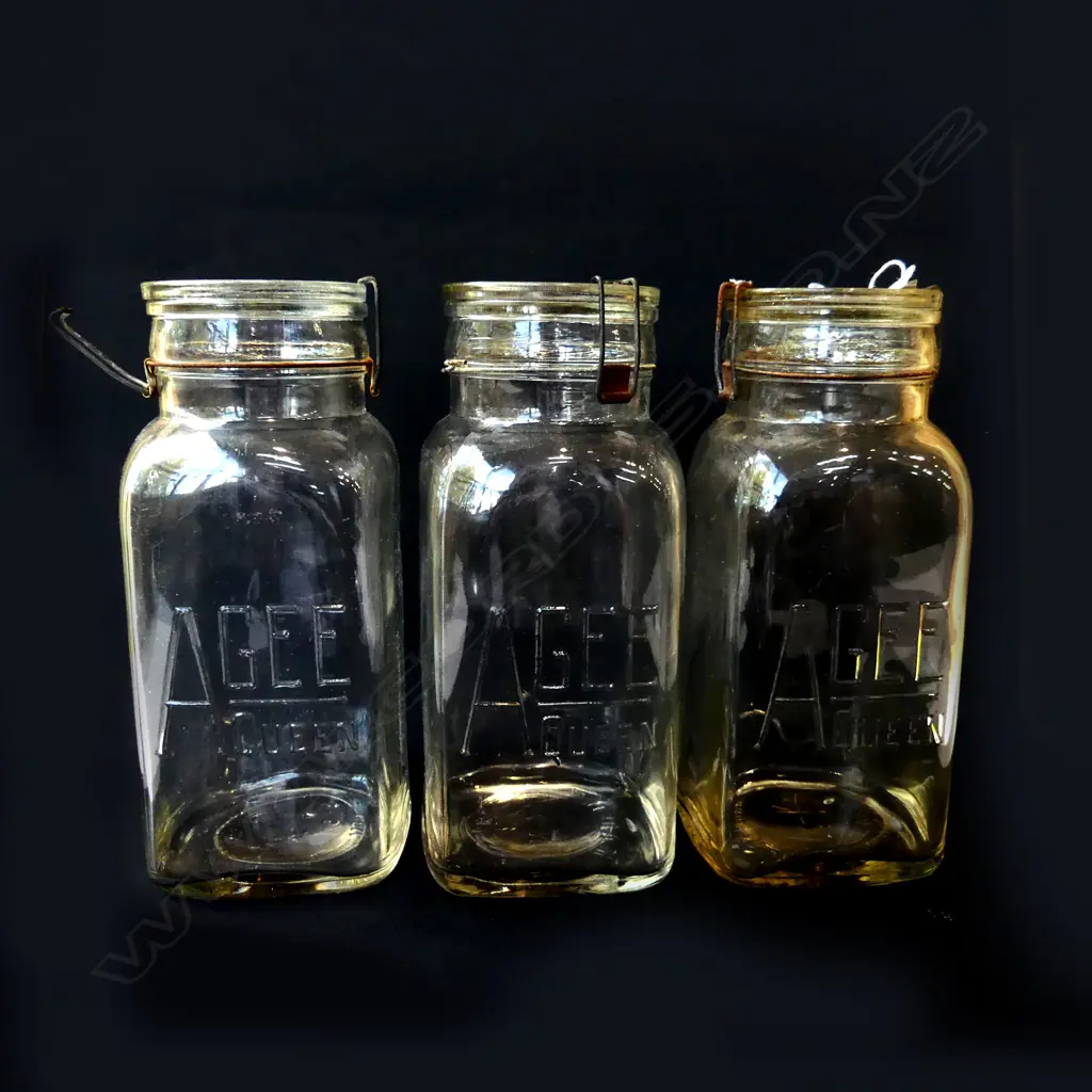 THREE LARGE VINTAGE GLASS AGEE QUEEN JARS WITH LIDS, H.248MM Image 1++