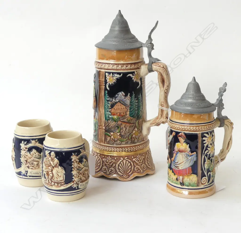 FOUR GERMAN BEER STEINS - TWO LIDDED, H.90-260mm Image 1++