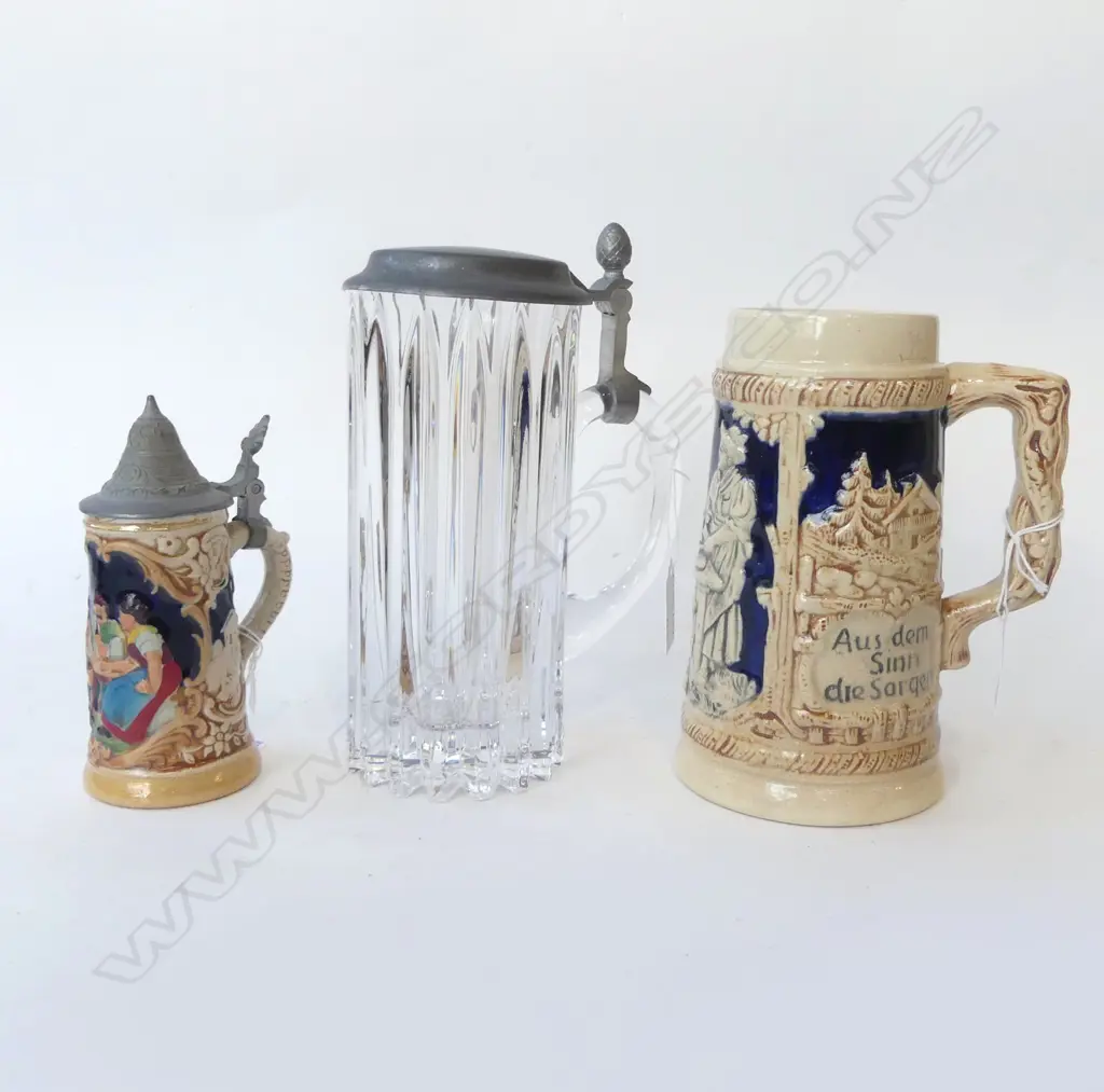 3 STEINS, PEWTER LIDDED GLASS (H.200mm) & TWO GERMAN, H.140-170mm Image 1++