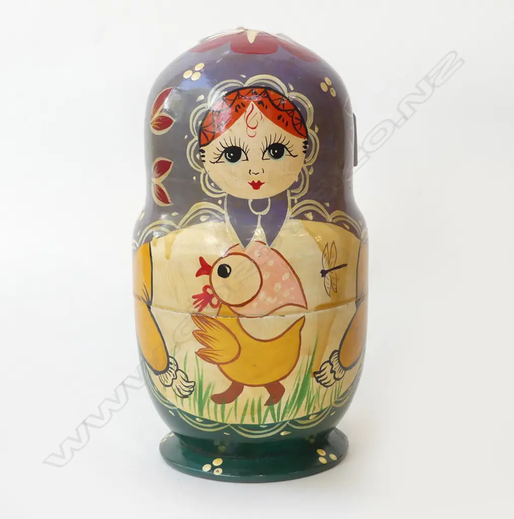 LARGE RUSSIAN WOOD FOLK ART HAND PAINTING TEN STACKENS DOLLS. H.245mm Image 1++