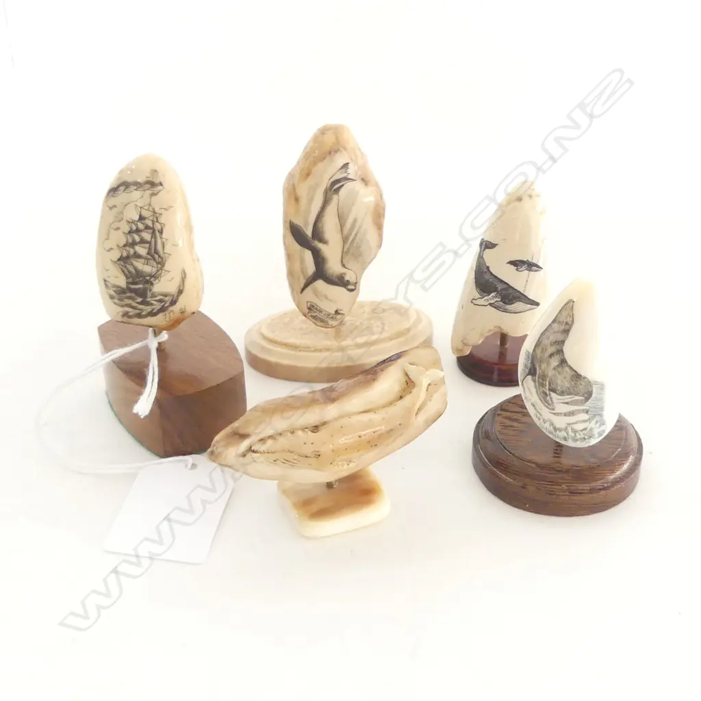 5PC MARINE IVORY SCRIMSHAW ON STAND, SEAL, WHALES, WALRUS & SHIP, tallest H.70mm, HAWAIIAN CRAFTED Image 1++
