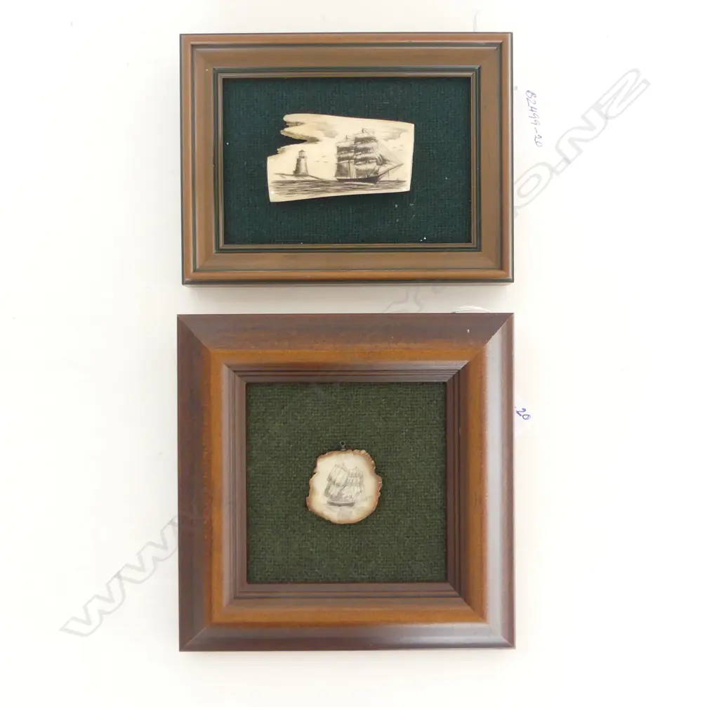 2 FRAMED MARINE IVORY SCRIMSHAW, SAILING SHIP/LIGHTHOUSE H.50 x 70mm & SAILING SHIP, DIA.35mm, HAWAIIAN CRAFTED Image 1++