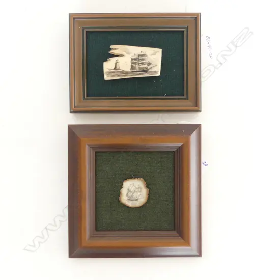 2 FRAMED MARINE IVORY SCRIMSHAW, SAILING SHIP/LIGHTHOUSE H.50 x 70mm & SAILING SHIP, DIA.35mm, HAWAIIAN CRAFTED