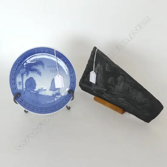 ENGAVED SLATE TILE, 'WHALING BARK MORGAN', L.300 x 150mm & ROYAL COPENHAGEN PLATE 'JAMES COOK 1978', DIA.180mm