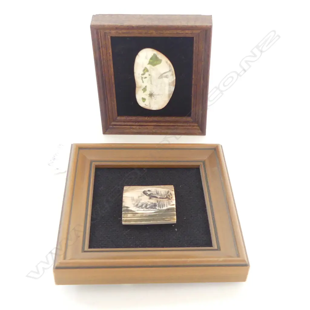 2 FRAMED MARINE IVORY SCRIMSHAW, MAP OF THE HAWAIIAN IS, H.30 x 55mm & WHALE, H.35 x 40mm, HAWAIIAN CRAFTED Image 1++