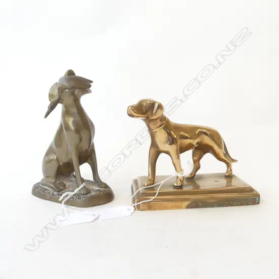 TWO BRONZE DOG DESK ORNEMENTS, ONE WITH A DUCK IN MOUTH, H.100 & 140mm